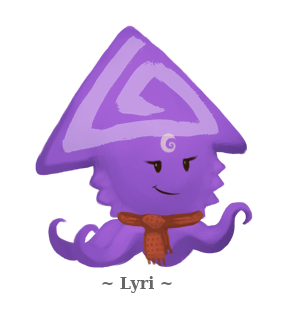 Peertube squid avatar generated with the name "Lyri". It is purple, has a triangular spiral on its head, a circular spiral on its forehead, winged eyeliner and a red scarf, smirking.