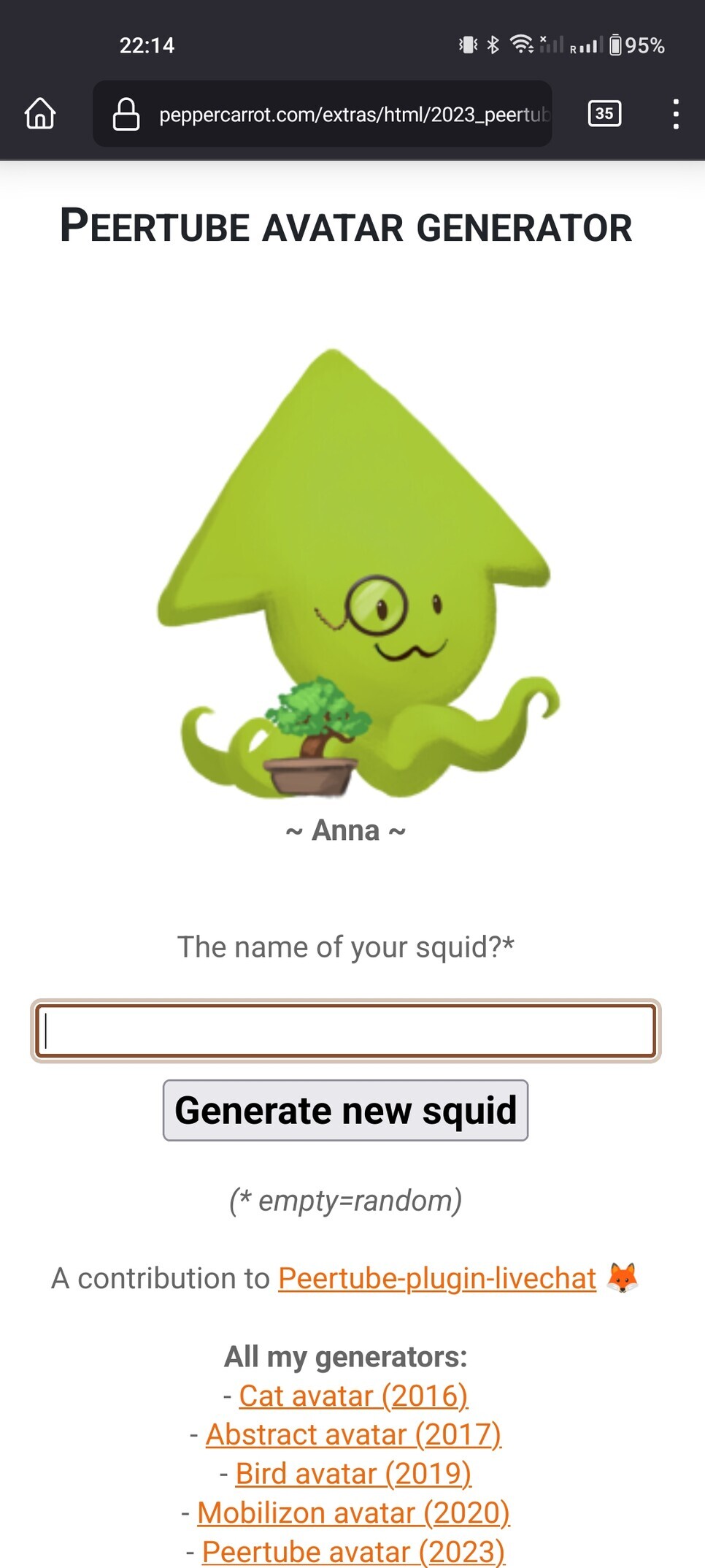 Peertube avatar generator. The name of the squid is 'Anna' and it is a lime green colour, wears a monocle and has a tiny bonsai tree.