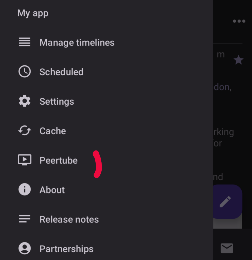 Screenshot of the main menu. The Peertube entry under "My App" is highlighted.