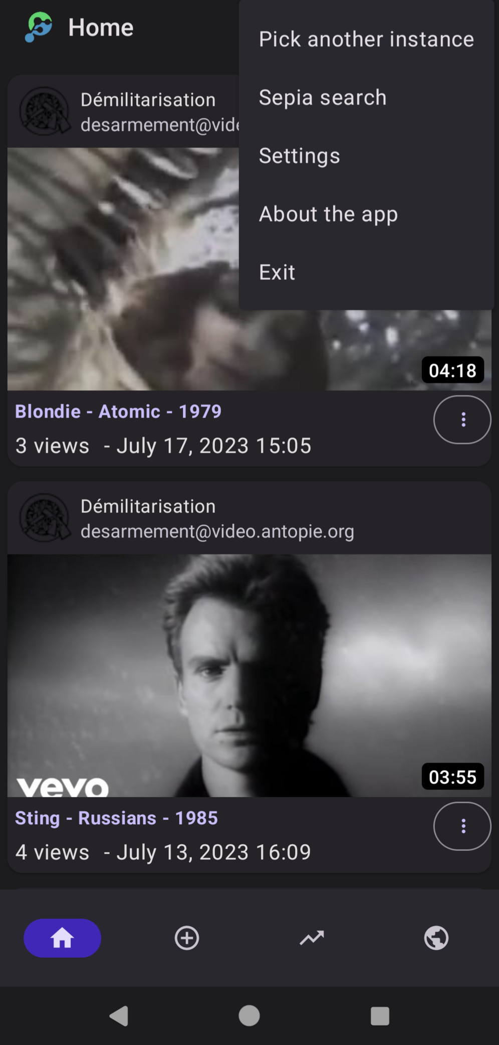 Screenshot of the layout of a Peertube Timeline. Video previews with some information at their bottom.
A Mastodon account is connected but we can watch videos and interact.