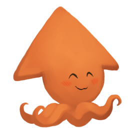 An orange squid. It is blushing, with a 3 shaped mouth and happy closed eyes. It looks please, like someone just gave it a really nice complement.