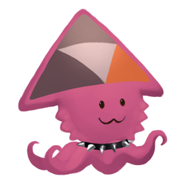 A pink squid with the PeerTube logo on its pointed head. It has a pink beard and a spiked collar on. Its smile looks friendly.