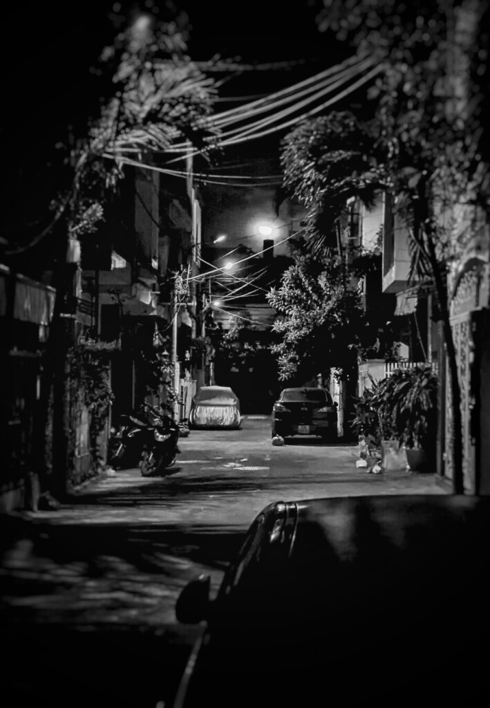 A black and white evening photo of a small residential side street in the beach town of Quy Nhơn. In the immediate foreground, directly in front of us, there is a car parked on the right side of the street. It gives the impression we are standing behind it–almost hiding–to take in this scene. Down the way a bit, we see two more cars, one on each side. On the left, tightly parked in front of a house, are a pair of motorbikes. Almost every house appears to have abundant plant life growing over and out of their front gates, as well as trees towering overhead to shade the street. Power lines and telecom cables crisscross through the foliage. At the end of the street, we can see the silhouettes of buildings in the light of a just risen moon.