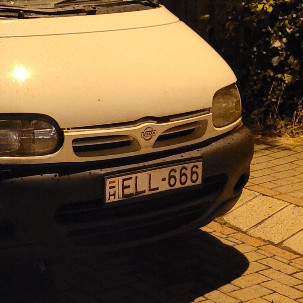 Photo of the front of a vehicle with the license plate "ELL-666", the country badge is "H", making it look like "HELL-666".