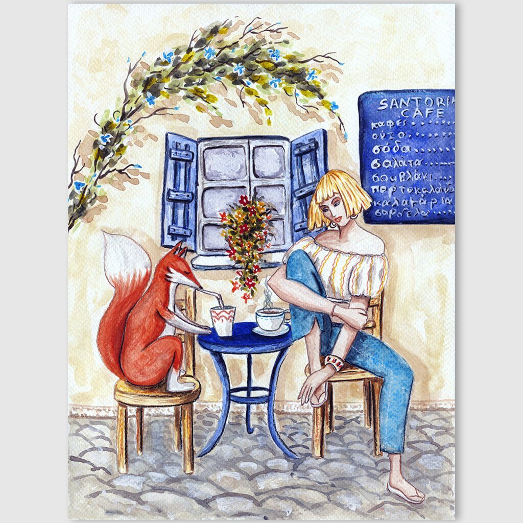 A woman and her fox drinking refreshments on a Santorini cafe