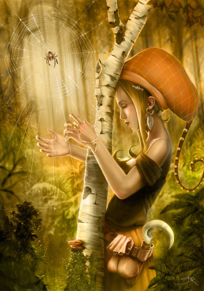 "Spider Harp"

Digital painting of a young druid in profile, plays the harp on a spider's web, while sticking her forehead on the bark of a birch tree.