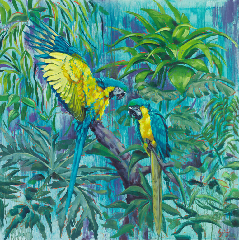 Bright painting of two yellow and blue coloured parrots, sitting on a purple tree in a forest scenery. There is a lot of foliage in various shades of green around them. The background of the painting is coloured in shades of bright blue and purple.