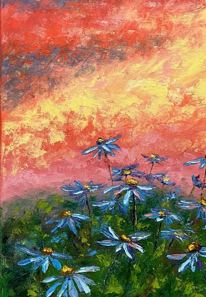 Oil painting of many bright blue flowers with yellow cores, standing in between rather abstract foliage in various shades of green. The sky is brightly coloured in shades of pink, red, yellow, orange and some grey.