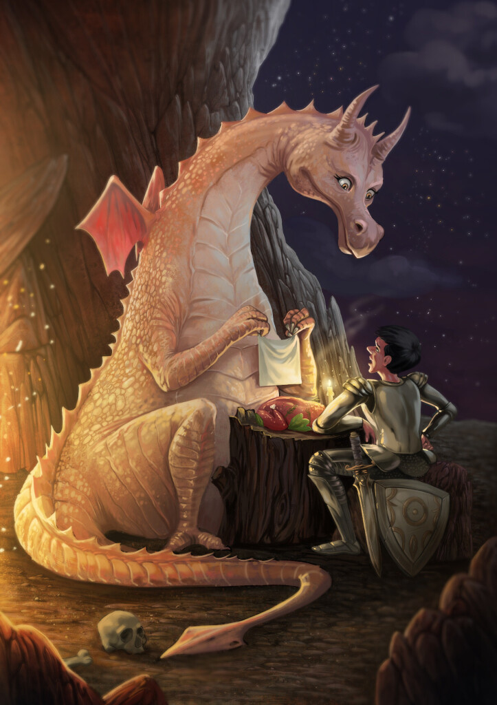 A digital painting showing a lady dragon and a nervous knight having romantic dinner instead of a fight. 