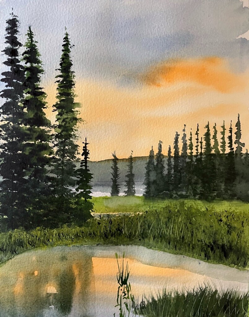 Painting of Michie Creek, Yukon, with Marsh Lake in the background, at sunset. 