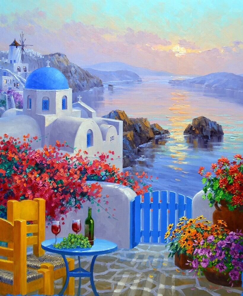 Bright painting of a view over the ocean, seen from a terrace in a Greece coastal village. The ocean is coloured in rather shiny shades of blue, green, pink and purple, with an orange reflection from the sun in it. There are some purple hills on the horizon. On the terrace are many plant pots with purple, orange and red coloured flowers. The terrace has a low white stone wall, there are a lot of red flowers on that wall as well. There is a blue table on the terrace with a bottle and two glasses of wine, and green grapes. There are two orange chairs. On the left there are typical white Greece houses with blue roofs. The sky is coloured turquoise right above in the painting, with many clouds in various shades of soft purple and pink below it, and a bright yellow sun with an orange glow around it.