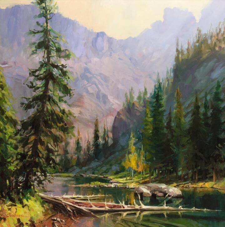 Art print of an original oil painting by Steve Henderson depicting a wilderness scene in the mountains. A peaceful stream runs toward the viewer, and on the banks of both sides is a forest of evergreen trees. The craggy mountains looming in the background are in soft shades of gray lavenders with hints of pink.