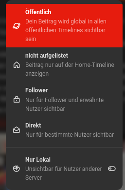 Sichtbarkeitseinstellungen bei Firefish: Öffentlich - nicht gelistet - Follower - Direkt: nur für bestimmte Benutzer sichtbar - nur lokal
