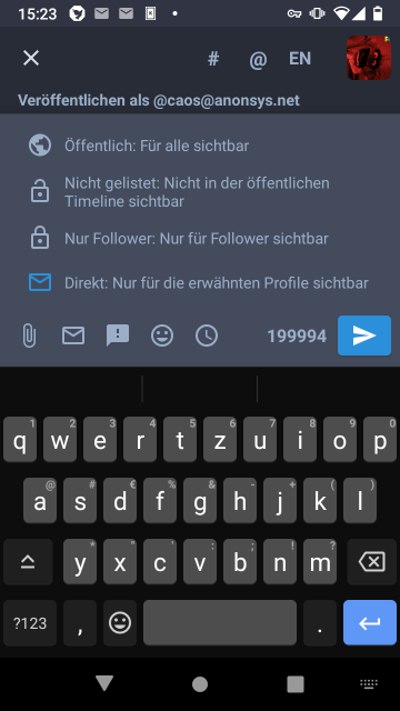 Screenshot von Tusky mit diesem Friendica-Account: Antwortoptionen sind: Öffentlich - nicht gelistet - Follower - Direkt: nur für bestimmte Benutzer sichtbar -