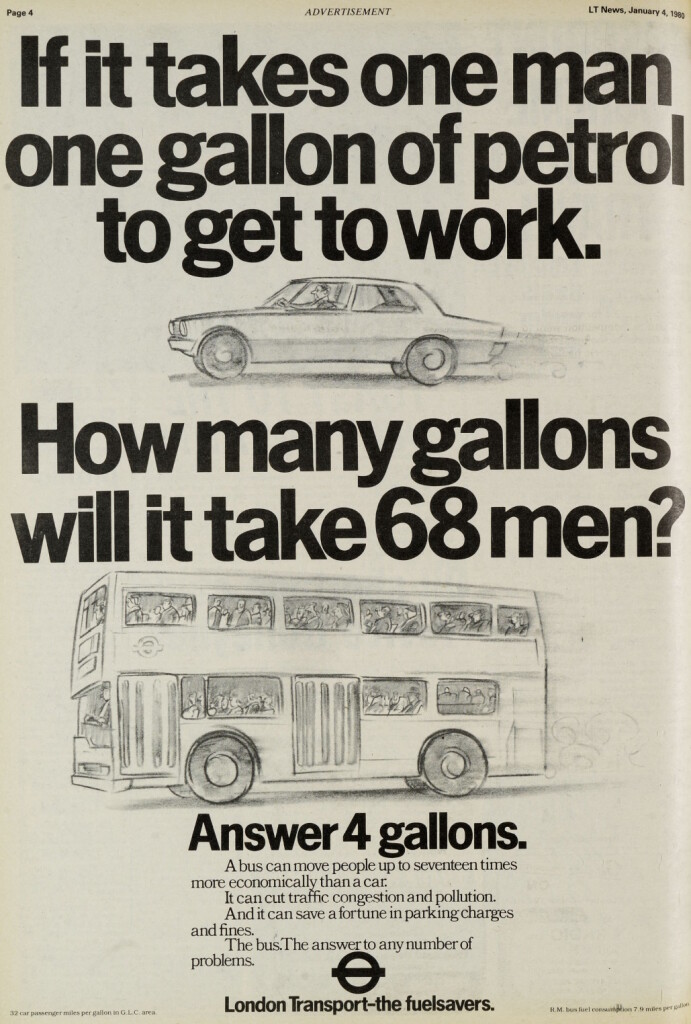 From London Transport News, No. 163 - January 4 1980
If it takes one man, one gallon of petrol to get to work.
How many gallons will it take 68 men?
Answer 4 gallons