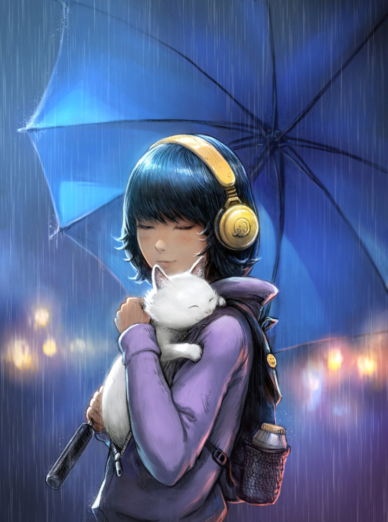 A digital painting of a young woman in a urban environment at night under the rain and the neon light of the city. She cuddle a white cat in her arms while holding a blue umbrella. She wear a purple hoodie, a bagpack and a yellow headset. 
It's the result to the poll I posted two days ago to select a color palette. Thank you if you participated to it, it was a good choice!

License: Creative Commons Attribution 4.0.