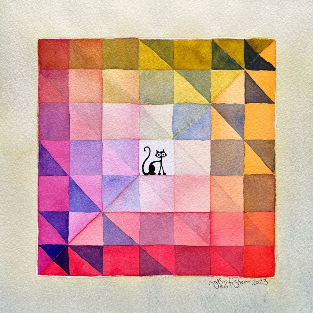 An 7 by 7 array of squares and rectangles, some cut into triangles, painted in a blend of colors. The darkest colors are on the edges and the center white square contains a cartoon cat drawn in black ink. 