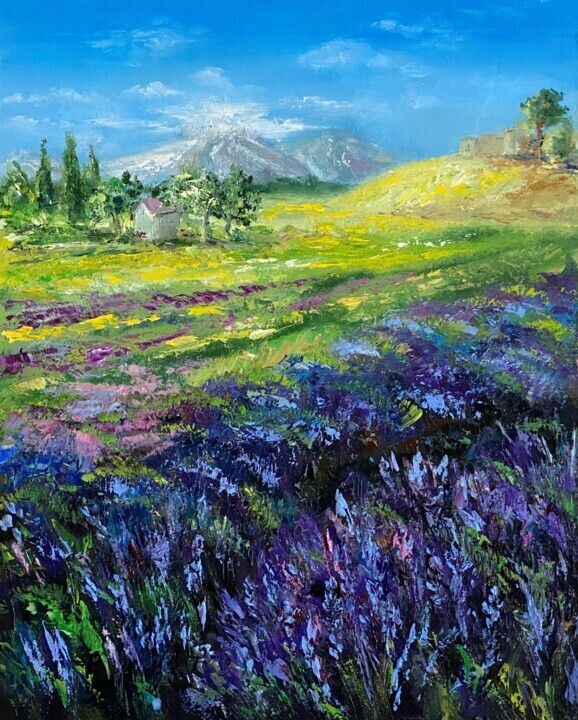 Painting of a landscape with a lot of bright blue and purple foliage in the foreground, and mountains on the horizon. Behind the blue and purple foliage, the field is coloured mainly in shades of green, with touches of purple and yellow. In the background on the left is a small white house with a purple roof with many green trees behind it. In the background on the right is a small light green and brown coloured hill with two green trees on it. On the horizon are two high greyish green and purple coloured mountains with touches of white on them. The sky is blue with some white clouds.