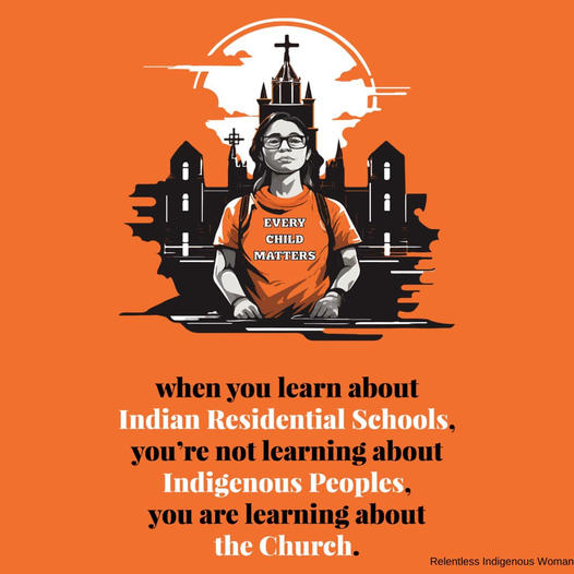 Drawn image depicts a person in an orange Every Child Matters shirt in front of a church with backpack straps showing, and the caption reads:
When you learn about Indian Residential Schools, you're not learning about Indigenous Peoples; you are learning about the church.