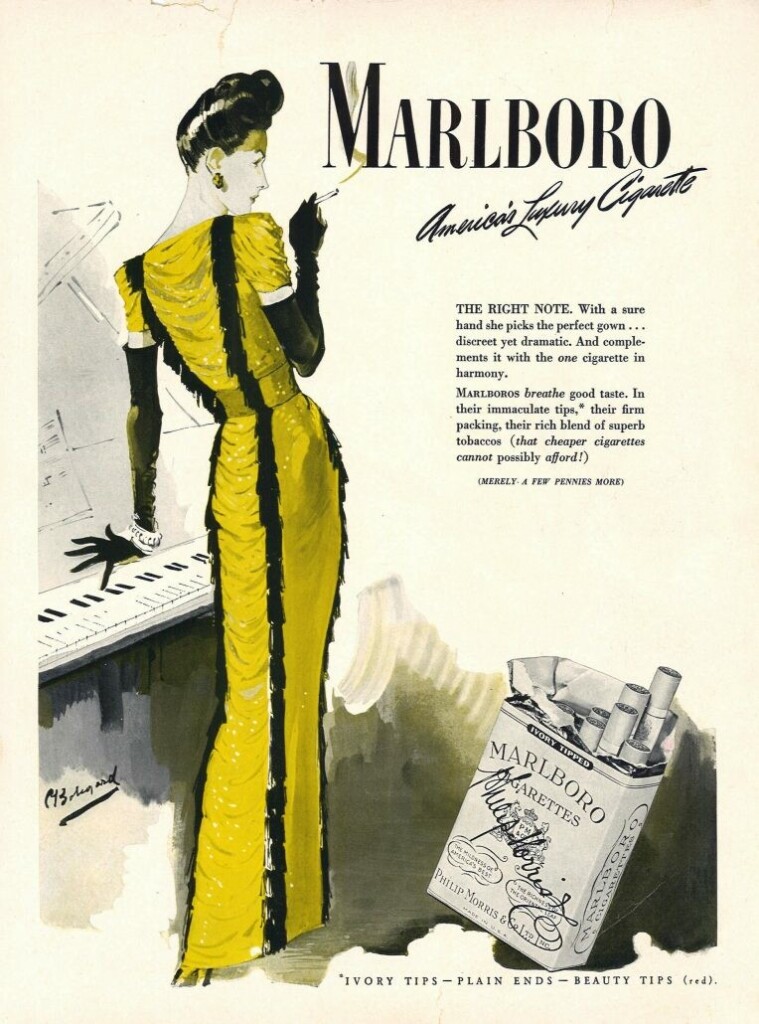 Vintage ad for Marlboro cigarettes. A woman in a dramatic yellow and black dress holds a cigarette as she reaches for the keys of a piano with her other hand. Tagline reads: “Marlboro – America’s luxury cigarette”