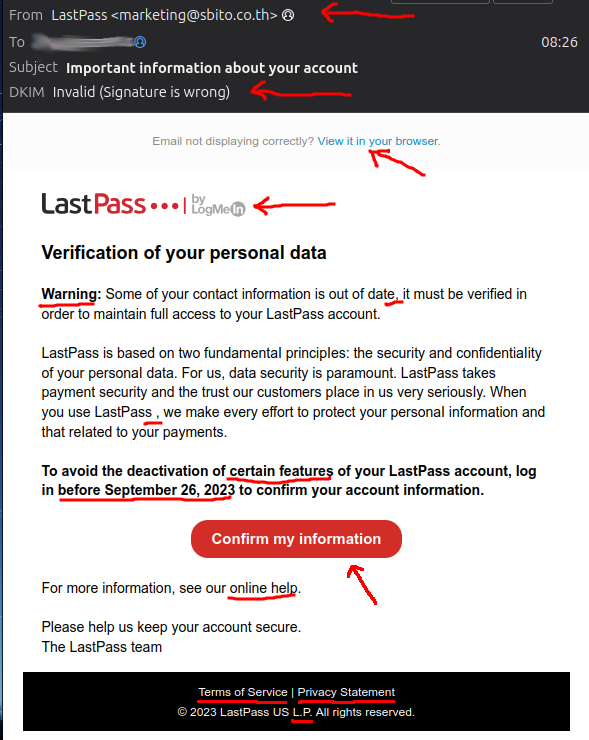 Screenshot of LastPass phishing email with suspicious aspects marked with red lines and arrows. Read the thread to find out what's wrong with it!