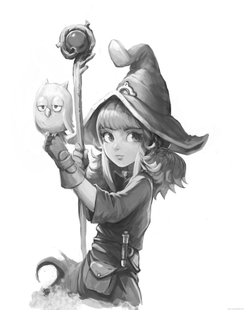 A grayscale digital painting study of a random fantasy cute magician/witch character with a chibi spherical owl on her hand. 

The study was about shading, construction and density of details (the theme wasn't important, that's why it was a bit in auto-pilot mode, and a fallback of the type of design of JRPG, 16bit consoles in my case. ).

Creative Commons Attribution 4.0