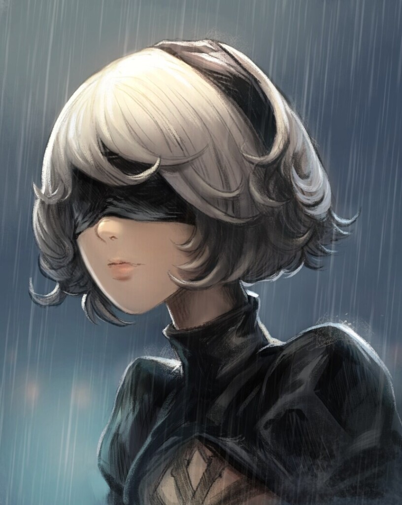 A digital painting portrait, a colored drawing of the character 2B, under the rain.