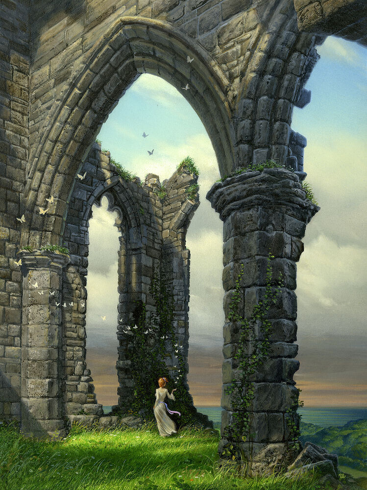 Long shadows fall across the ivy covered ruins of an abbey. Standing casually in the tall grass among the ruins, a woman in a white dress with a windswept lavender sash rests one hand on her hip as she glances to the side. Her palm is upturned as if releasing a stream of pale butterflies that flutter up and away past a tall pointed arch in a sweeping S-shaped curve.