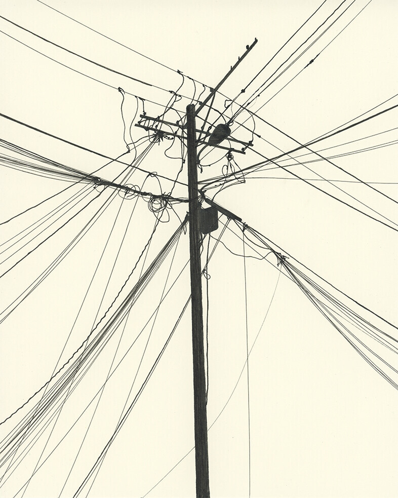 Black ink drawing of a utility pole and power lines