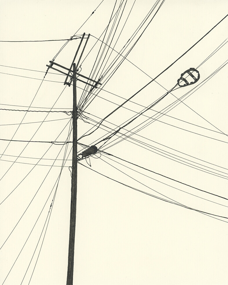 Black ink drawing of a utility pole and power lines