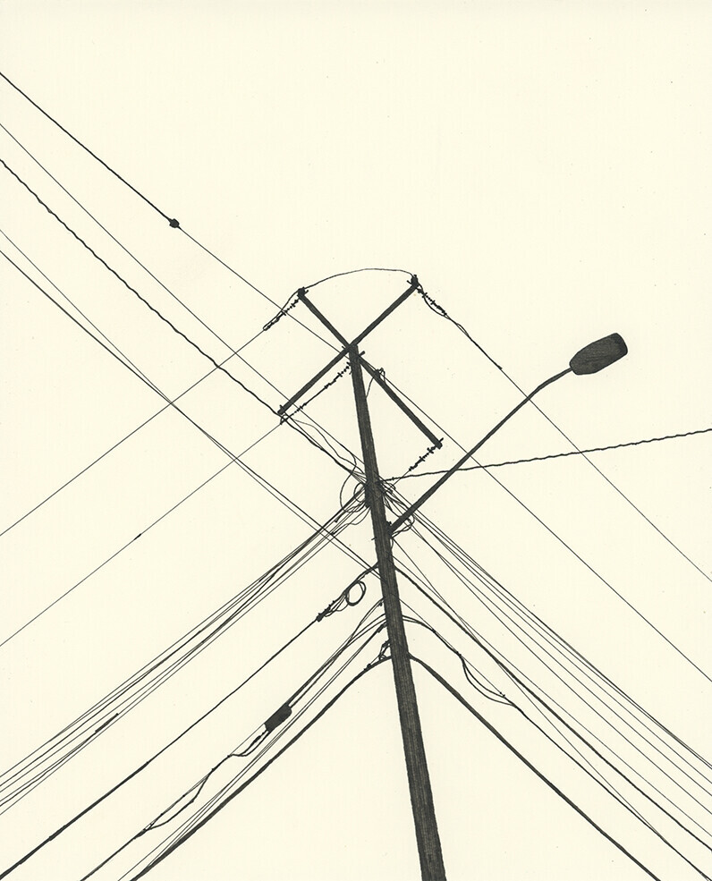 Black ink drawing of a utility pole and power lines