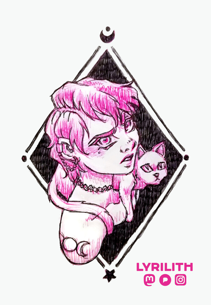 Pink and black ballpoint pen sketch of a young short haired witch and her cat. She is looking upward towards the viewer with a questioning look. Her cat is laying across her left shoulder, also looking up at the viewer. She has a moon tattoo on her right shoulder and has two earrings on her right ear that are connected through a small chain. Behind her a black rhombus shape gives contrast, decorated with a moon and a star, lines on all sides and two bigger dots.