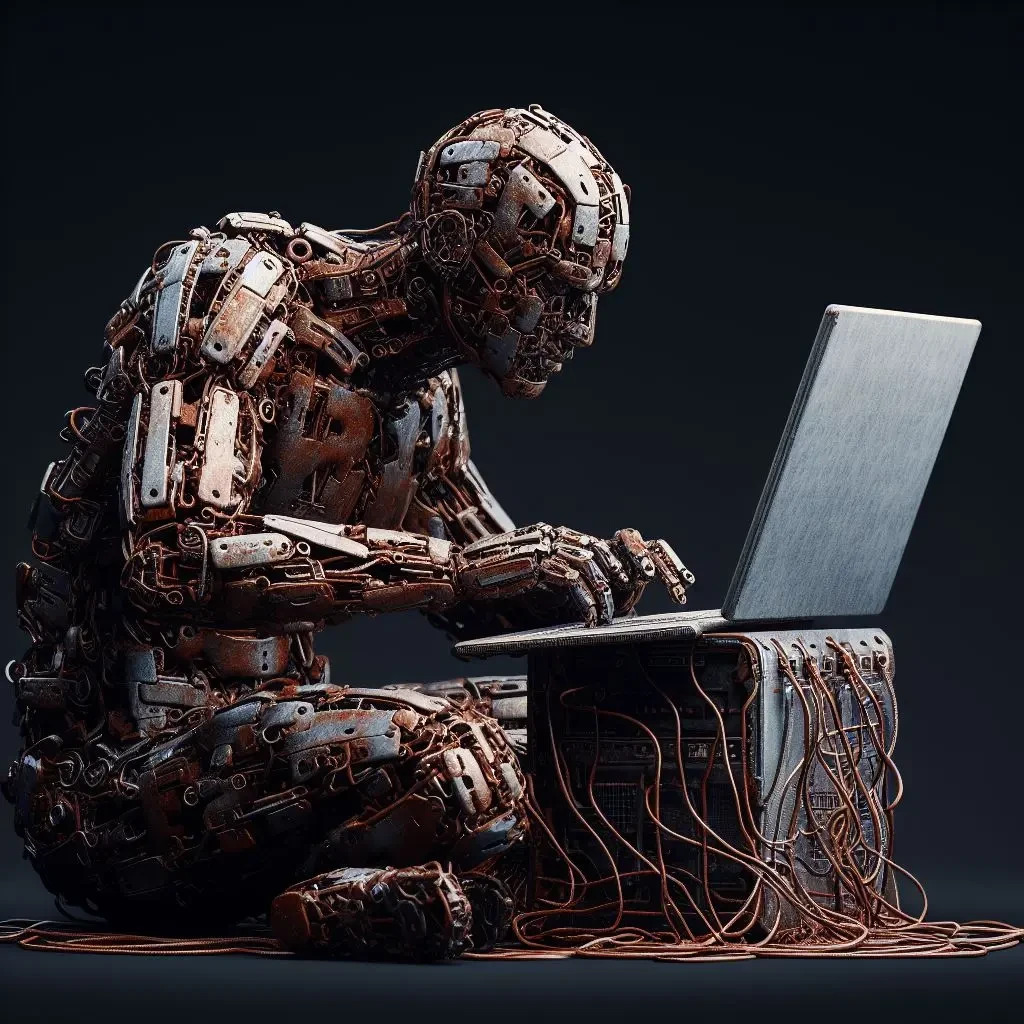 "Rust programmer" - a rusty human-looking metal robot programming a computer with copper cables all over.