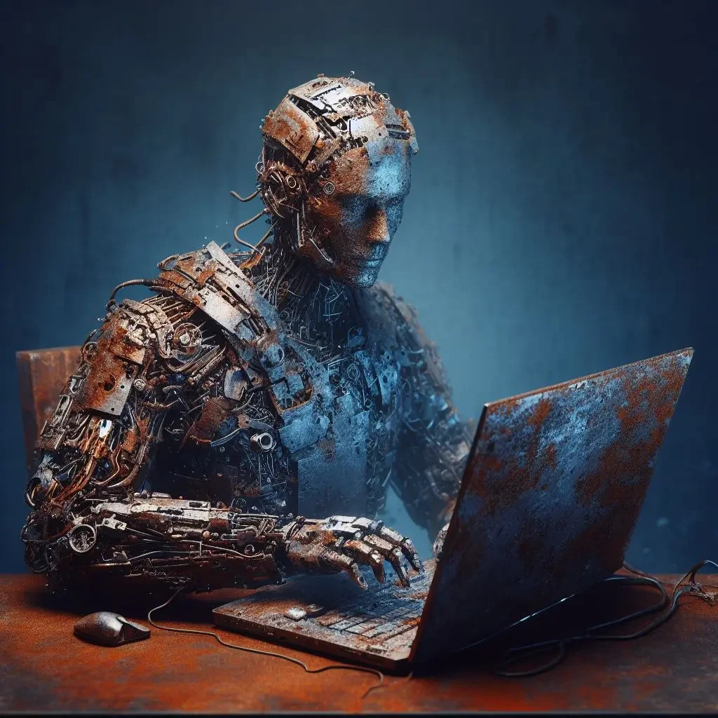 Rusty human like robot programming a rusting laptop