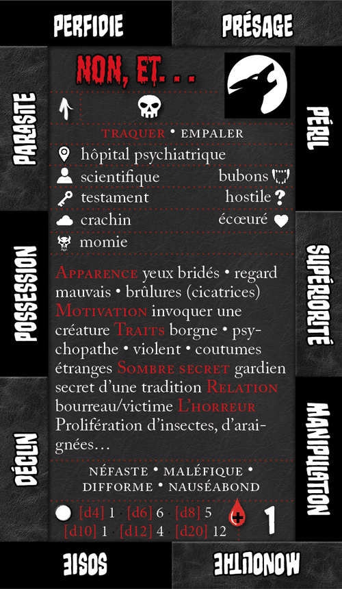 Une carte contenant une grande quantité d'informations, dont des résultats de d4, d6, d8, d10, d12, d20, dé FU, des noms, des adjectifs, etc... pouvant être utilisée pour écrire une histoire ou servir comme élément aléatoire dans un jeu de rôles.