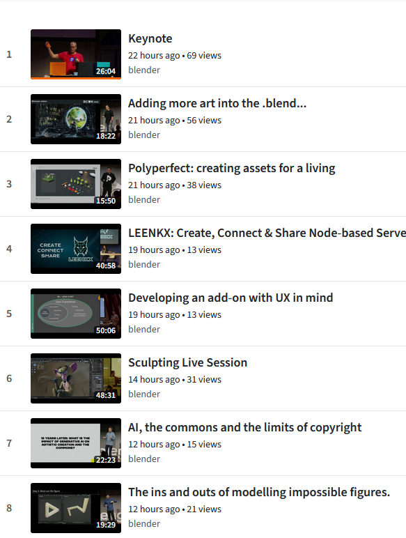 Bcon23 playlist on the official Blender Peertube instance.