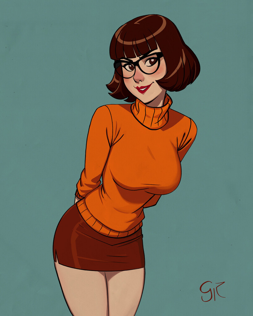 An illustration of Velma from scooby doo. A young woman with glasses wearing an orange sweater and a red skirt.