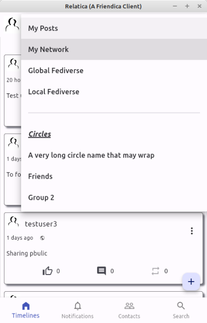 Screenshot of Relatica v0.8.0 timeline picker showing how it is all one list now rather than a selection for various top types and if Circles/Groups was showing a list of circles/groups.