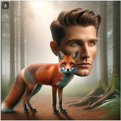 A ChatGPT generated image of a fox, next to a human head.