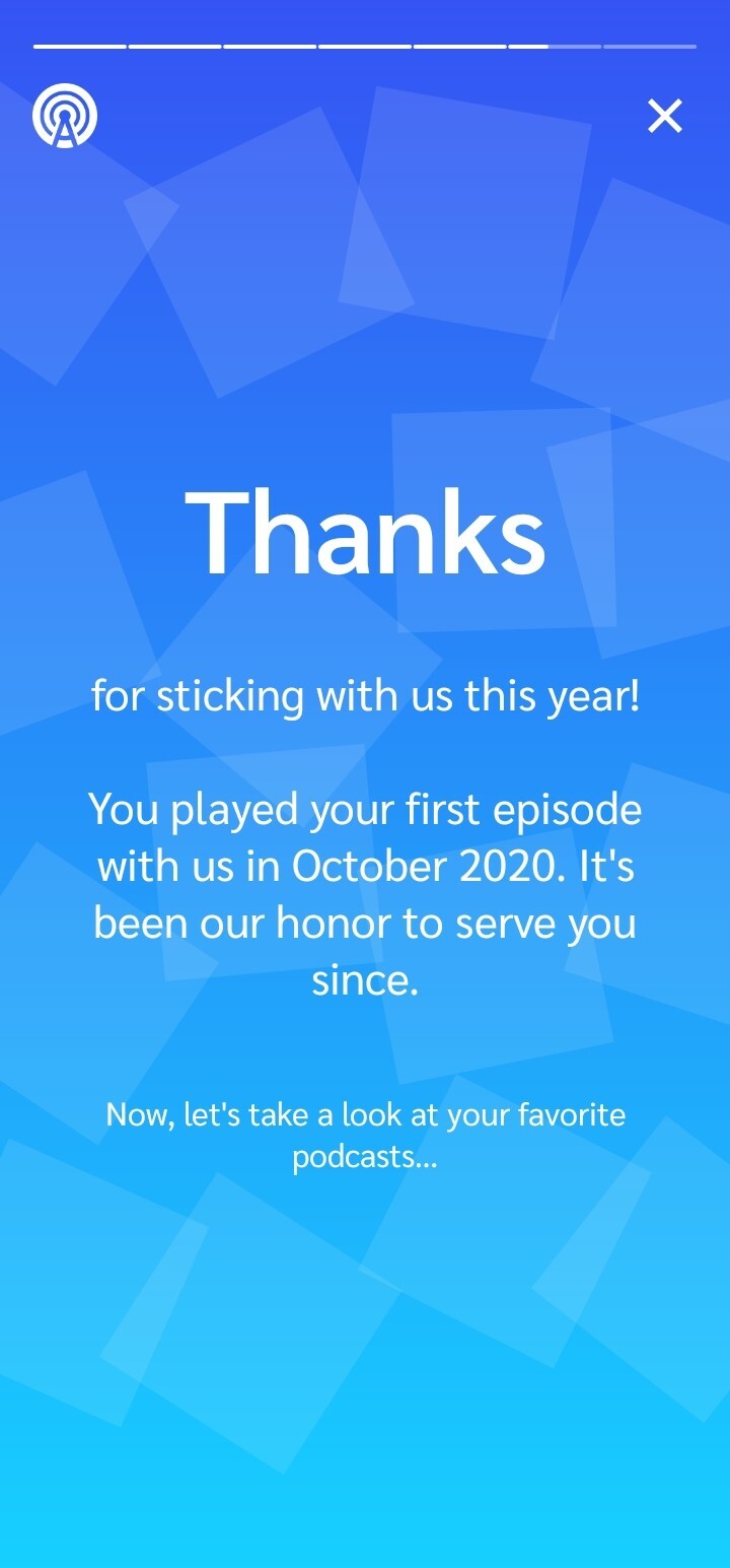 Screenshot of a page from AntennaPod Echo. The text reads "Thanks for sticking with us this year! You played your first episode with us in October 2020 It's been our honor to serve you since. Now let's take a look at your favorite podcasts..."