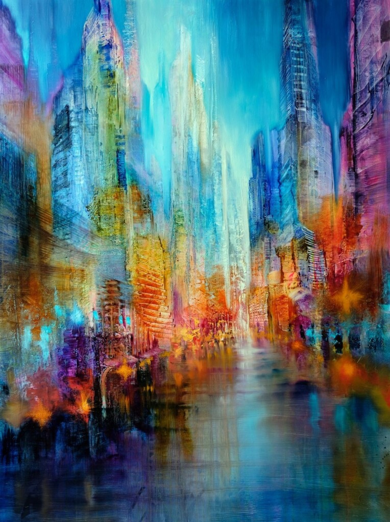 Bright coloured abstract rather blurry and shiny painting of a street in a a big city. The street is coloured mainly in shades of blue and some orange as well. Left and right of the street are colourful high buildings. They are coloured in bright shades of pink, purple, blue, turquoise, green and orange. On the ground level people seem to be sitting outside on terraces. The sky in painted in vertical brushes of blue and turquoise.