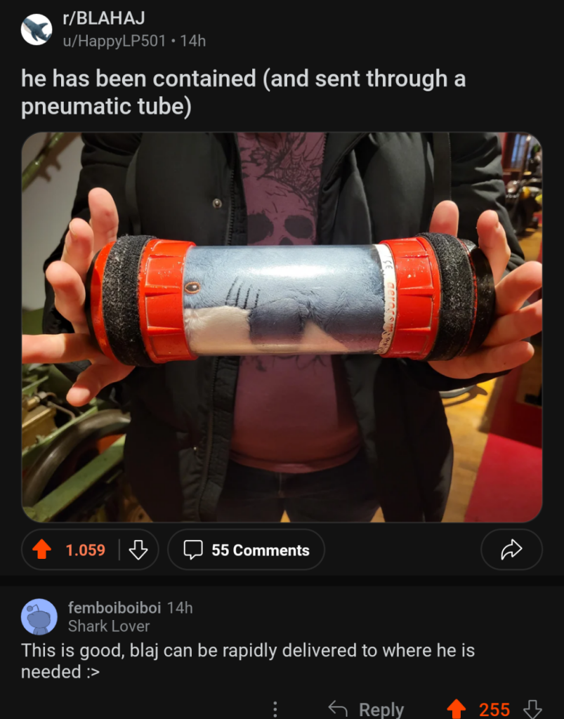 A screenshot of an /r/blahaj Reddit post showing two hands holding a capsule with a blahaj squished inside, titled "he has been contained (and sent through a pneumatic tube)" with over a thousand upvotes, and a comment below "This is good, blaj can be rapidly delivered to where he is needed"