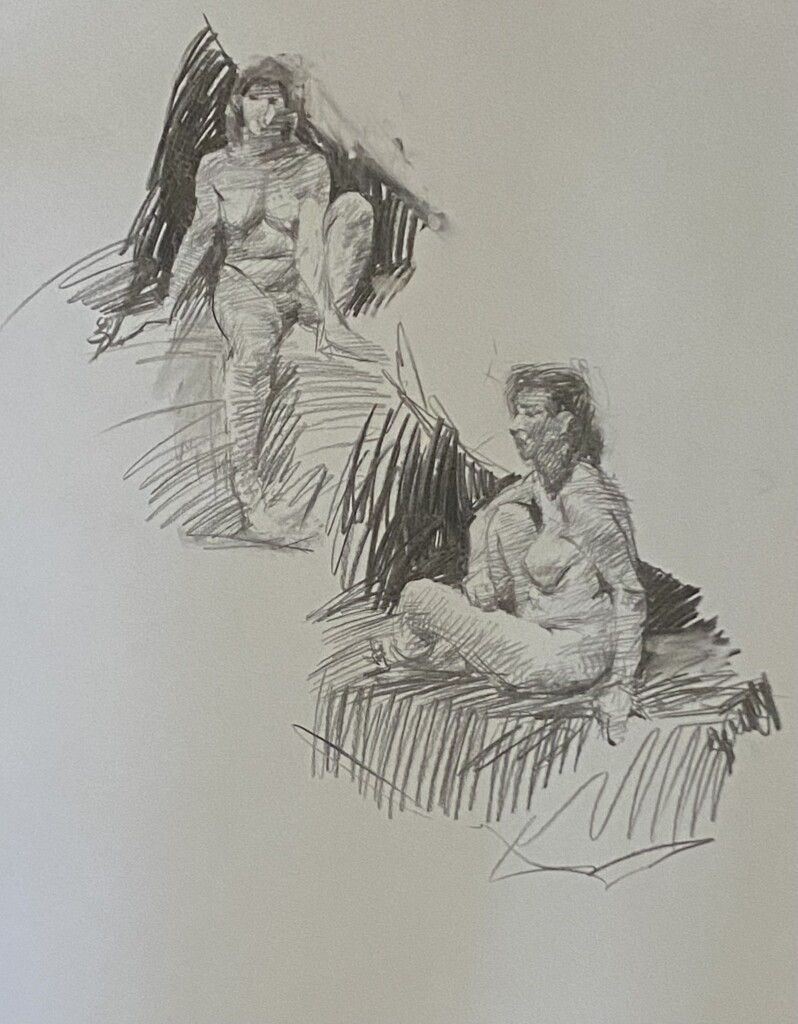 2 Nude life drawings of a woman sitting from the front and from the side. Done in charcoal and with a lot of hatching.