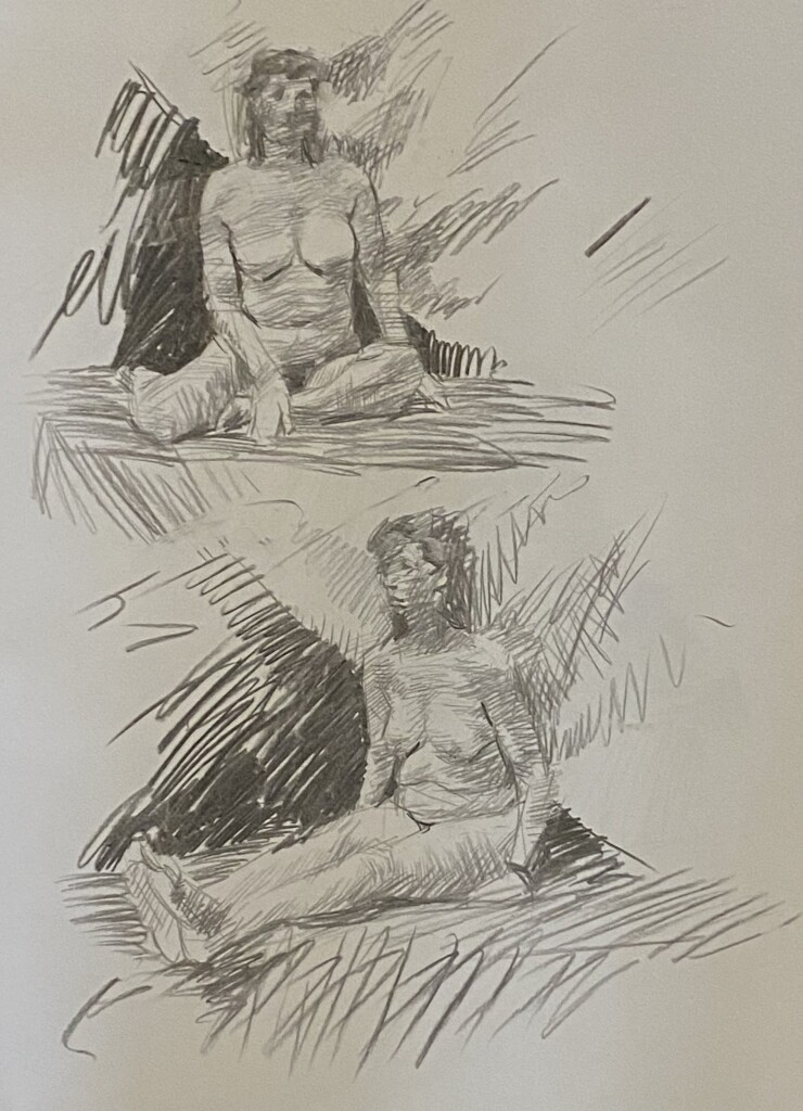 2 Charcoal drawings  of a female artistic nude in seating position.