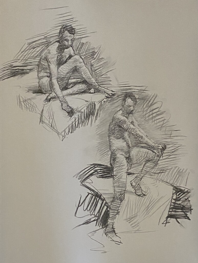 Two drawings in charcoal of a male artistic nude , one seated and one standing.