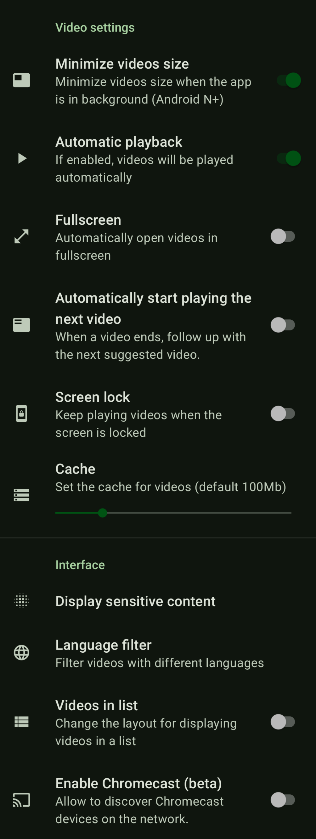 Screenshot showing a lot of available settings for the Peertube version.