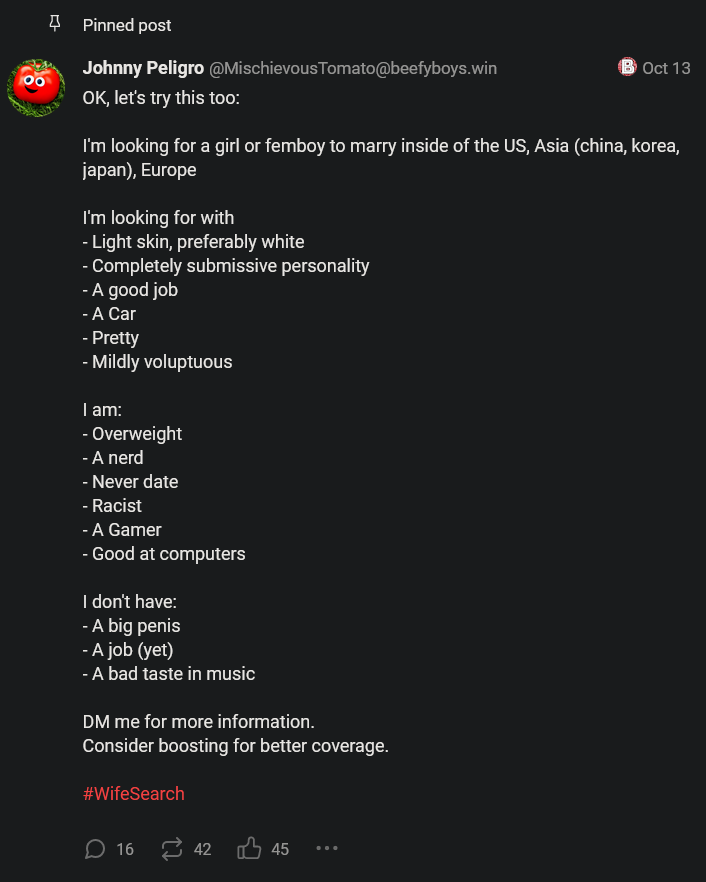 User saying they're looking for a girl or femboy to marry. They list preferences like being white and completely submissive. They claim they are racist.