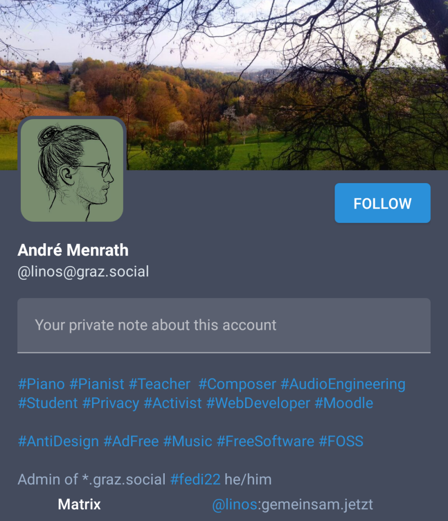 linos @ graz.social's profile.

Lots of hashtags that are irrelevant for this post and quite screenreader-unfriendly. Relevant for the post is that the bio says "Admin of *.graz.social" at the end.