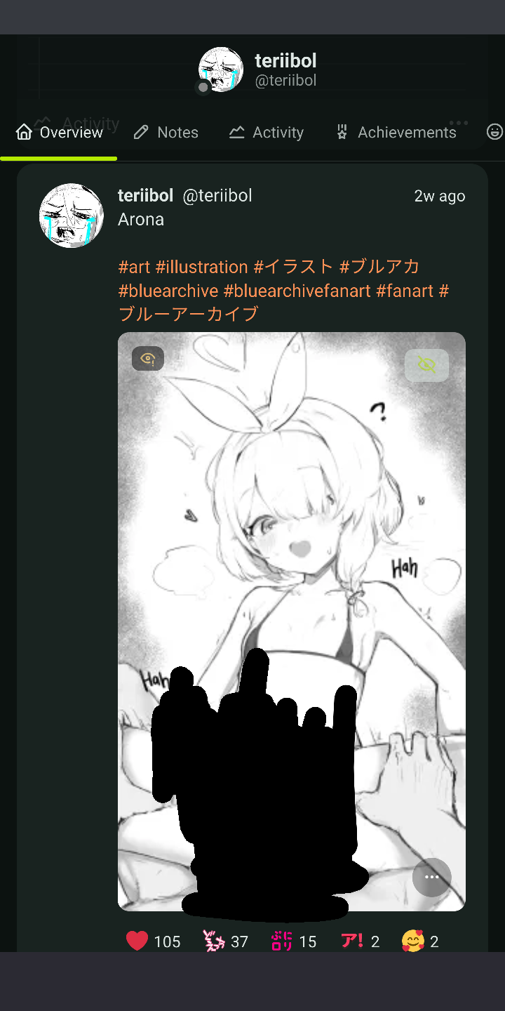 A screenshot of a misskey user posting loli art which has its explicit and sexual parts censored. The loli person in the art looks very adolescent. The post has 105 heart emoji reactions, 37 reactions saying "Lewd" in kanji, 37 reactions saying "Squishy Loli", 2 reactions saying "Ah!" in kana, and 2 further reactions with an emoji face with hearts surrounding it.