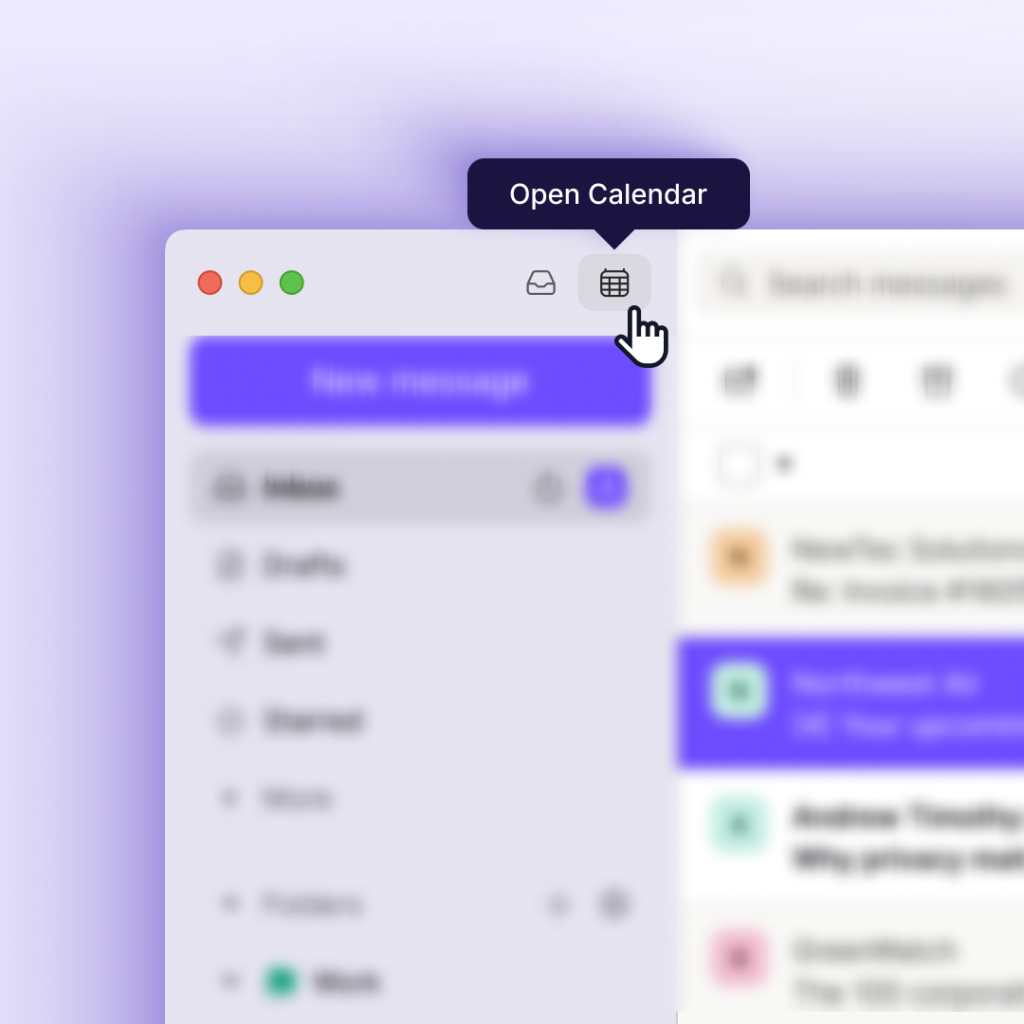 The screenshot of the Proton Mail macOS app. The mouse cursor is hovering over the calendar icon, and the tooltip saying "Open Calendar" appears above it. 